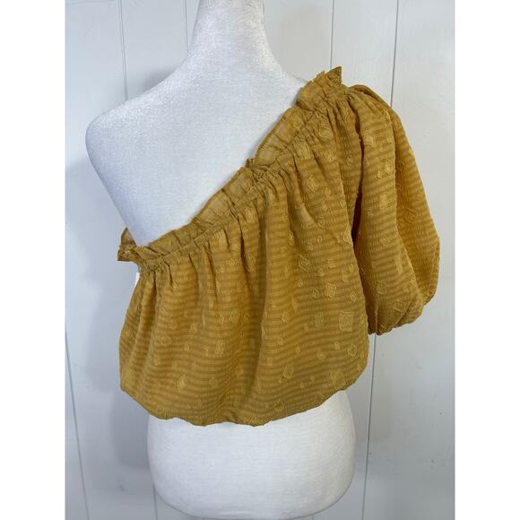 Astr The Label Jacquard One-Shoulder Bubble Hem Blouse in Mustard. NWOT - Picture 4 of 6